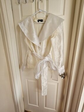 Elegant White Satin Wrap Blouse with Statement Collar